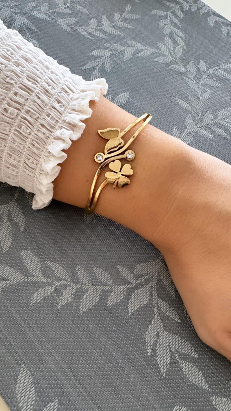 Gold Kelebek ve Yonca Detaylı 316L Çelik Bileklik