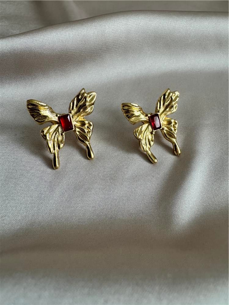 Gold Kırmızı Baget Taşlı Çelik Kelebek Küpe
