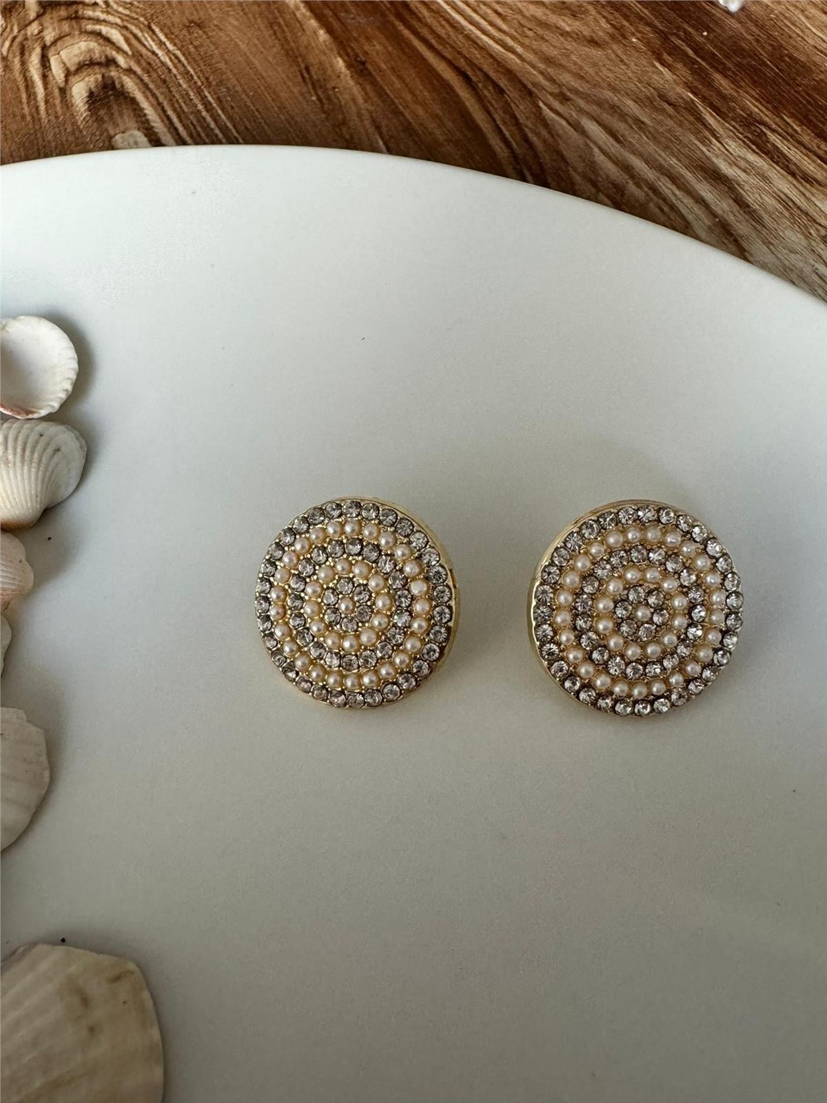 Gold Kristal ve İnciLi Düğme Küpe