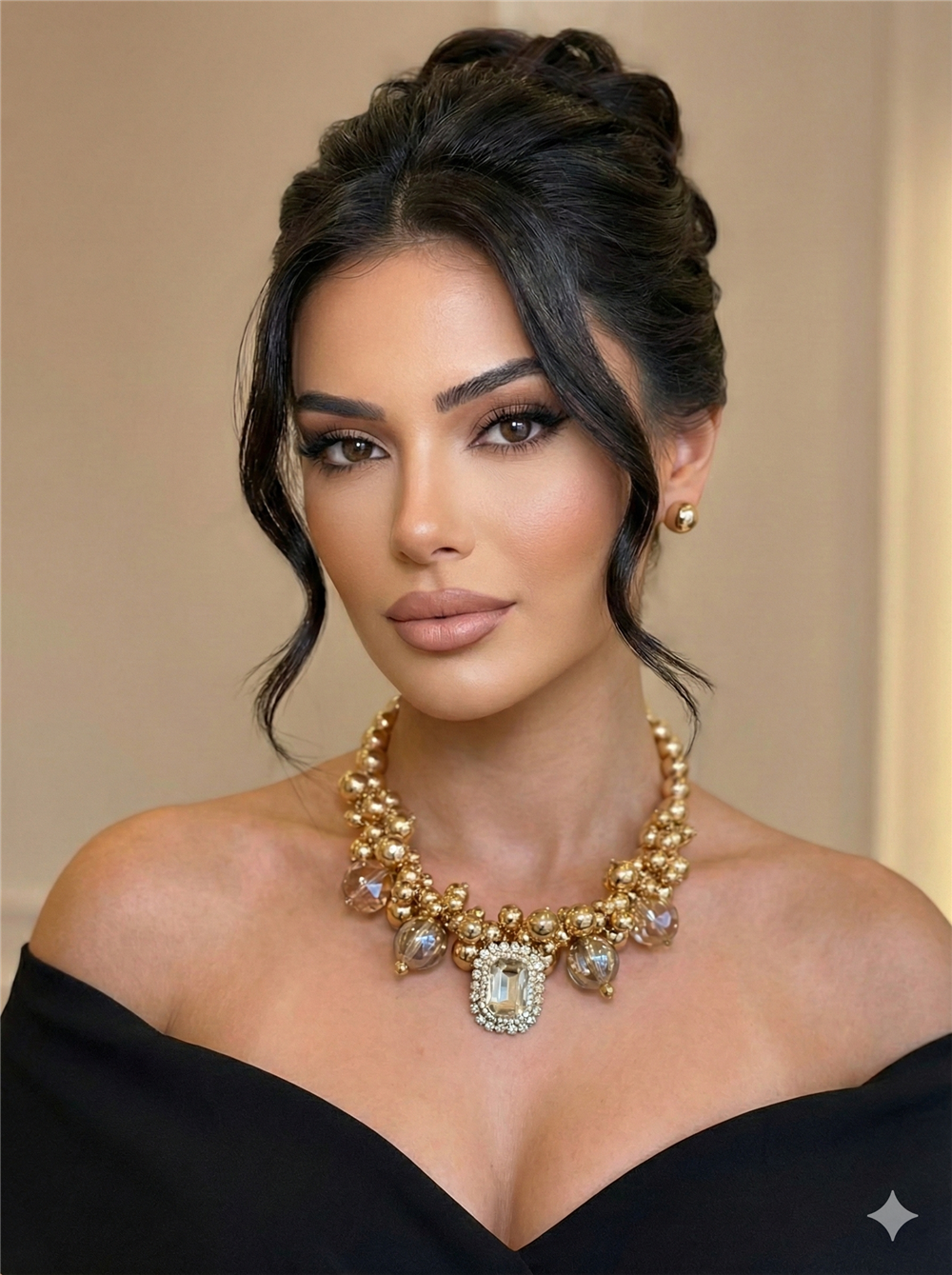 Gold Renk İri Top Boncuklu ve Büyük Kristal Taşlı Abiye Gerdanlık Set