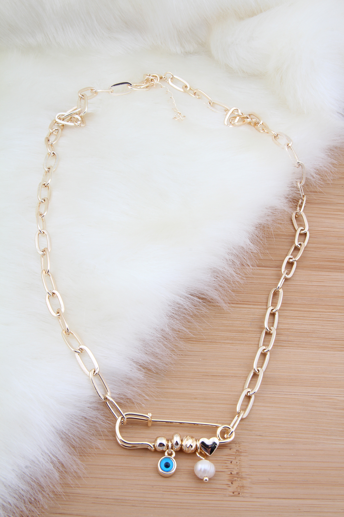 Gold Renk Nazar Boncuklu Çatal İğne Kolye