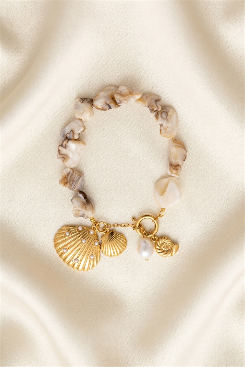 Gold Renk Sedefli Doğal Taş Deniz Kabuğu ve İnci Çelik Bileklik