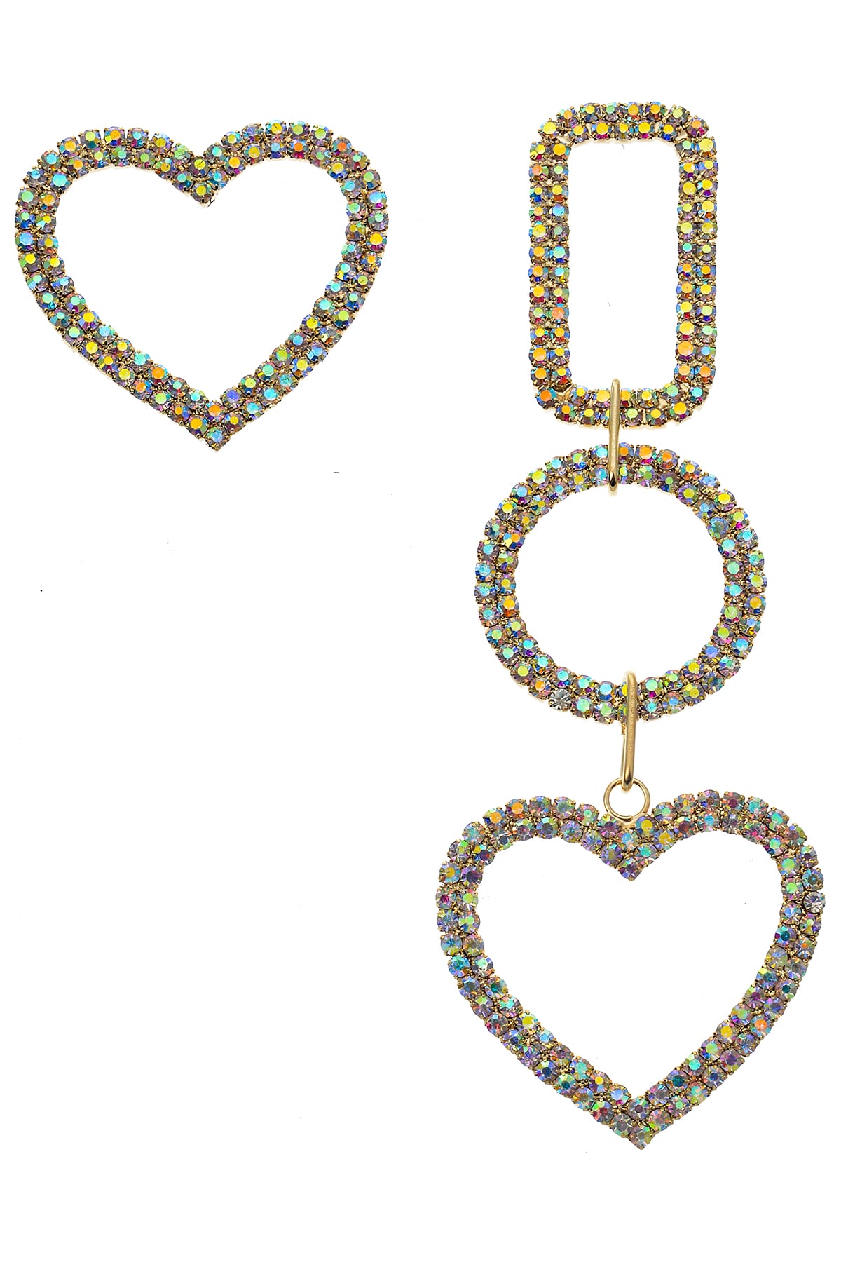 Gold Taşlı Asimetrik Geometrik Kalp Küpe
