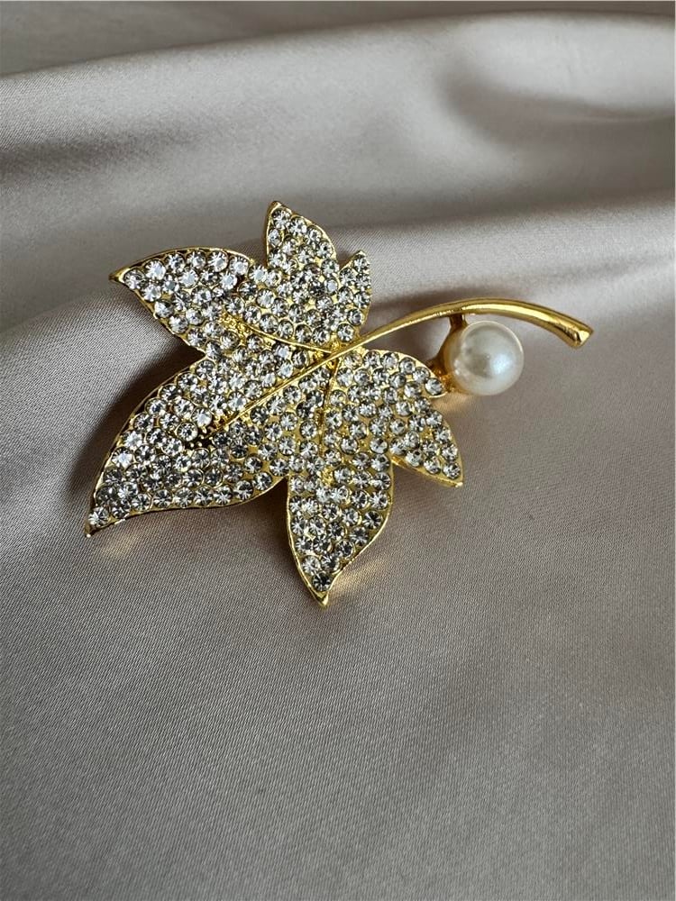 Gold Taşlı İncili Yaprak Broş