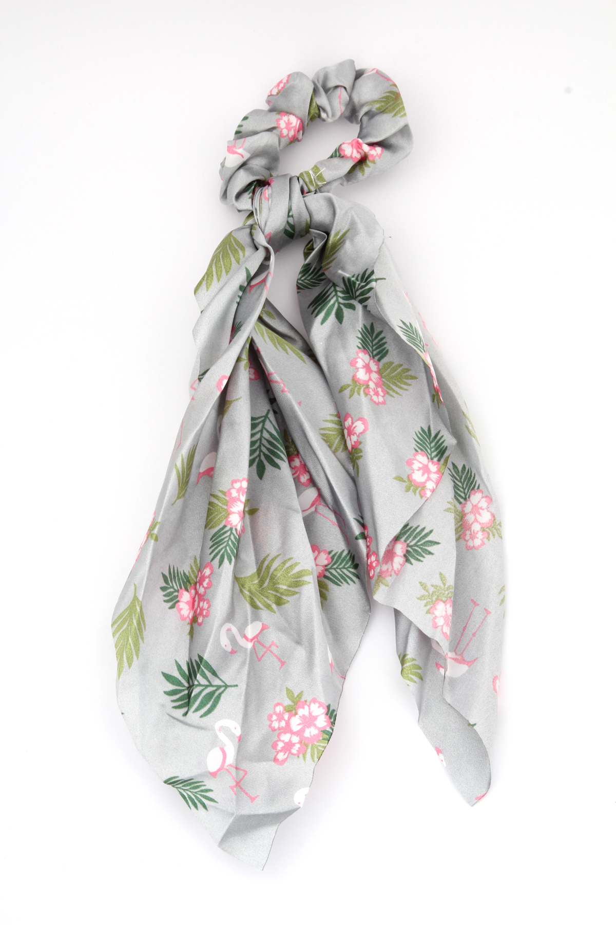 Gri Flamingo Desenli Scrunchie Fular Toka