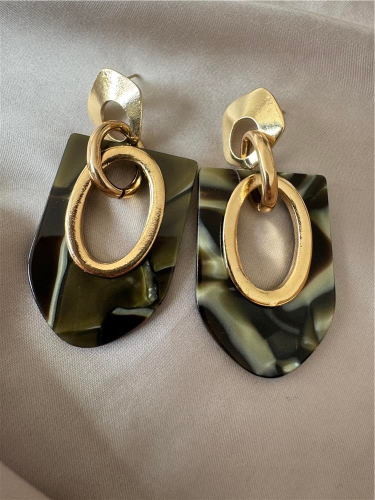 Haki Boncuklu Gold Tasarım Küpe
