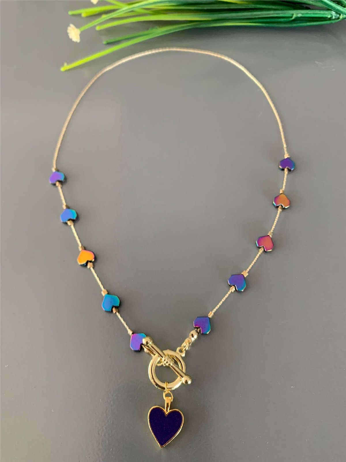 Hematit Kalp Figürlü Mor Kalp Charm Kolye