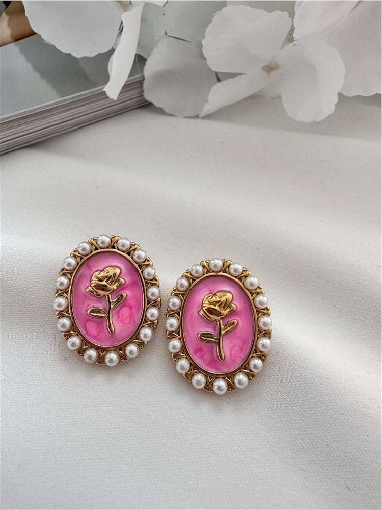 İncili Lale Figürlü Pembe Oval Çelik Küpe