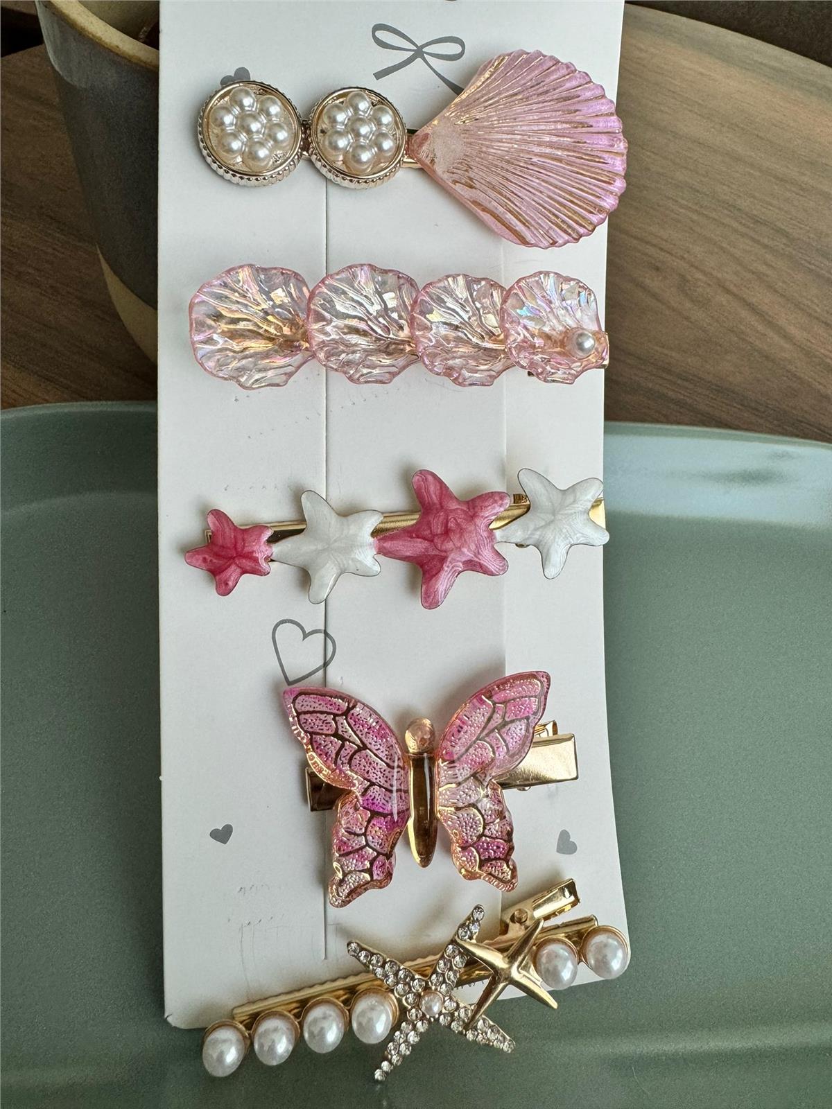 Kelebek ve Midye Figürlü Pembe 5 li Toka Seti
