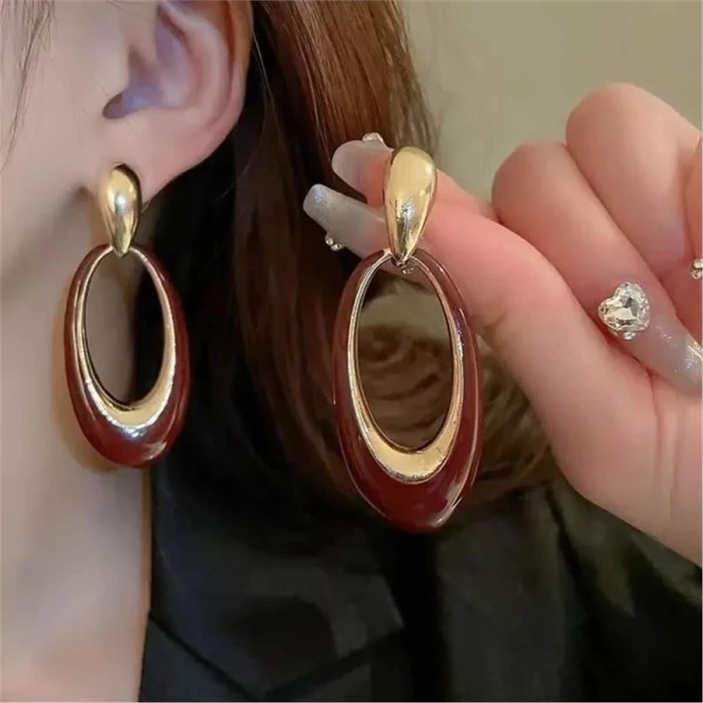 Kırmızı Gold Oval Vintage Küpe