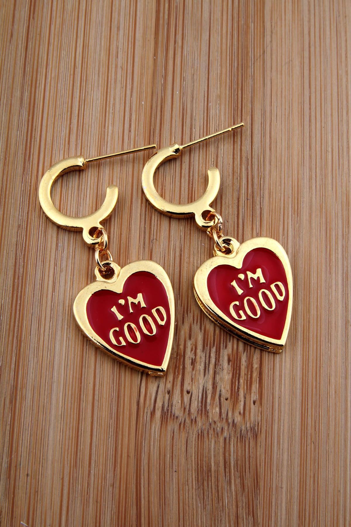 Kırmızı I'm Good Kalp Halka Küpe