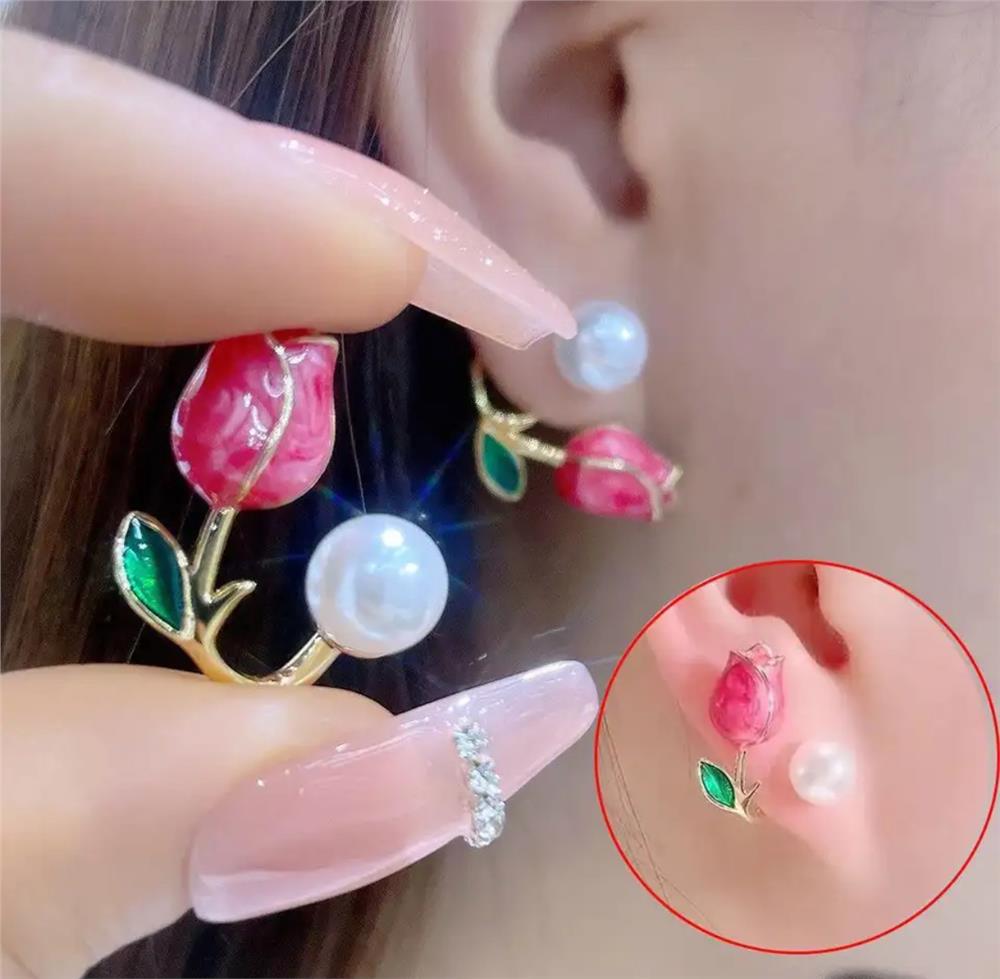 Koyu Pembe ve İncili Lale Küpe