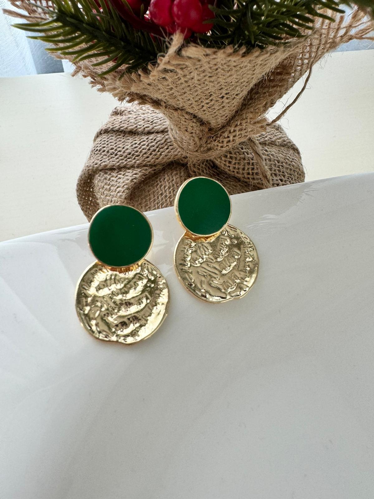 Koyu Yeşil Mineli Para Detaylı Küpe