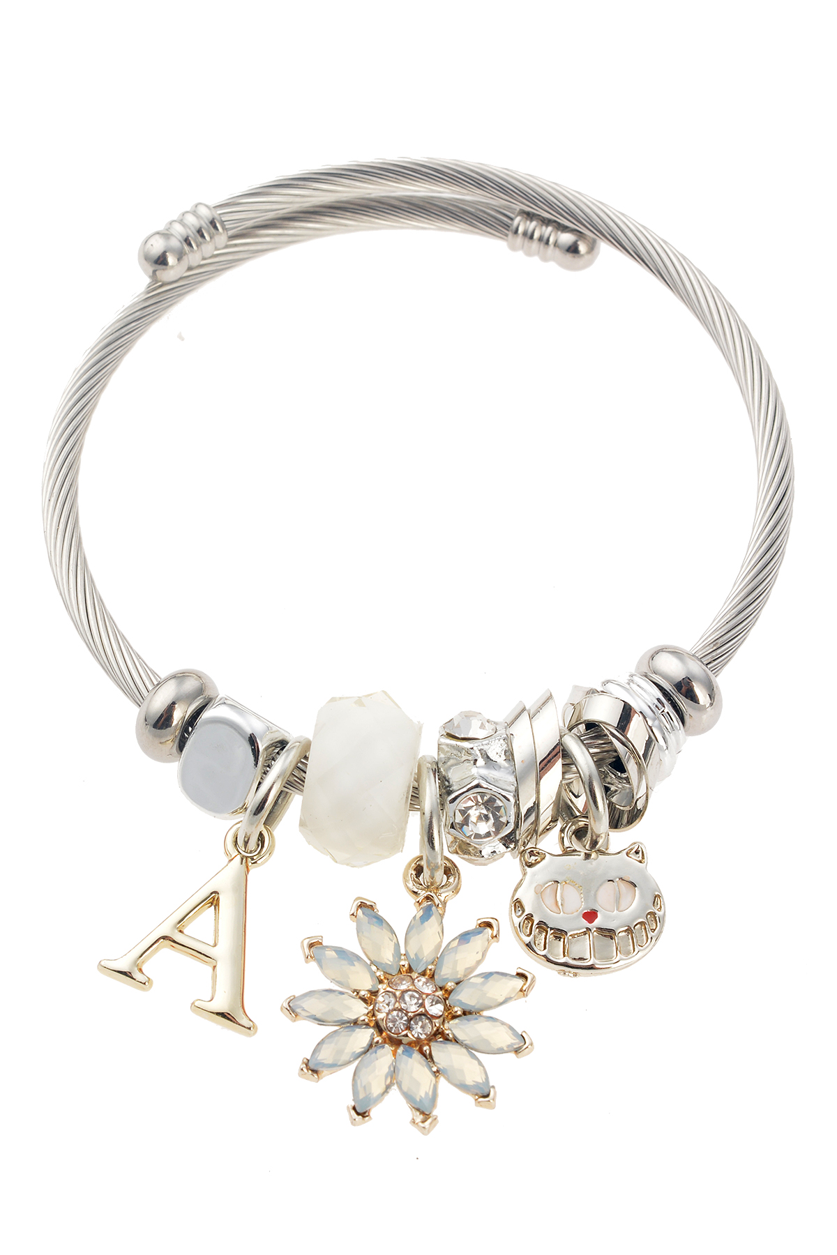 Krem Çiçek Kedi Figürlü Silver Bileklik