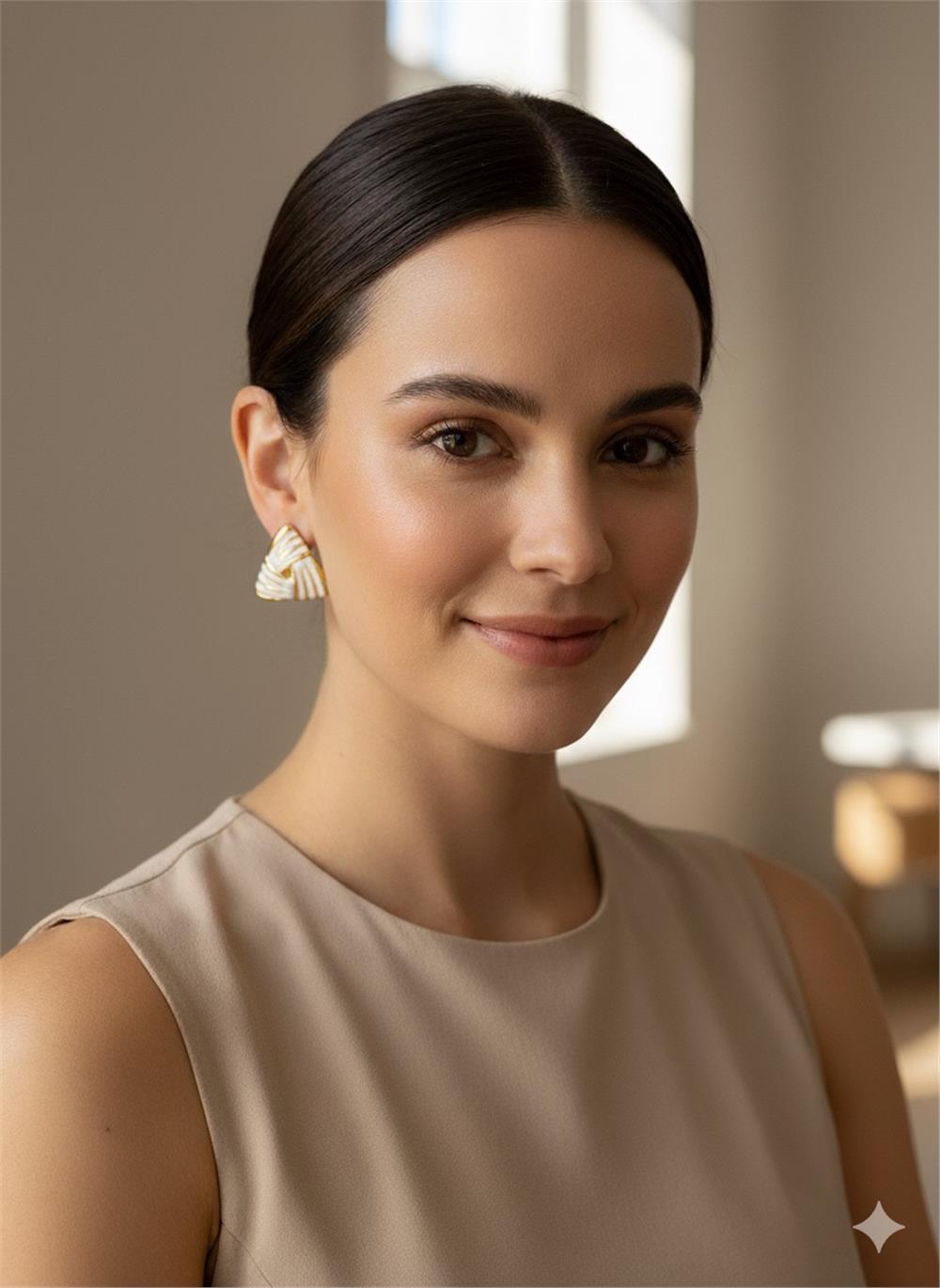 Krem Üçgen Çelik Küpe