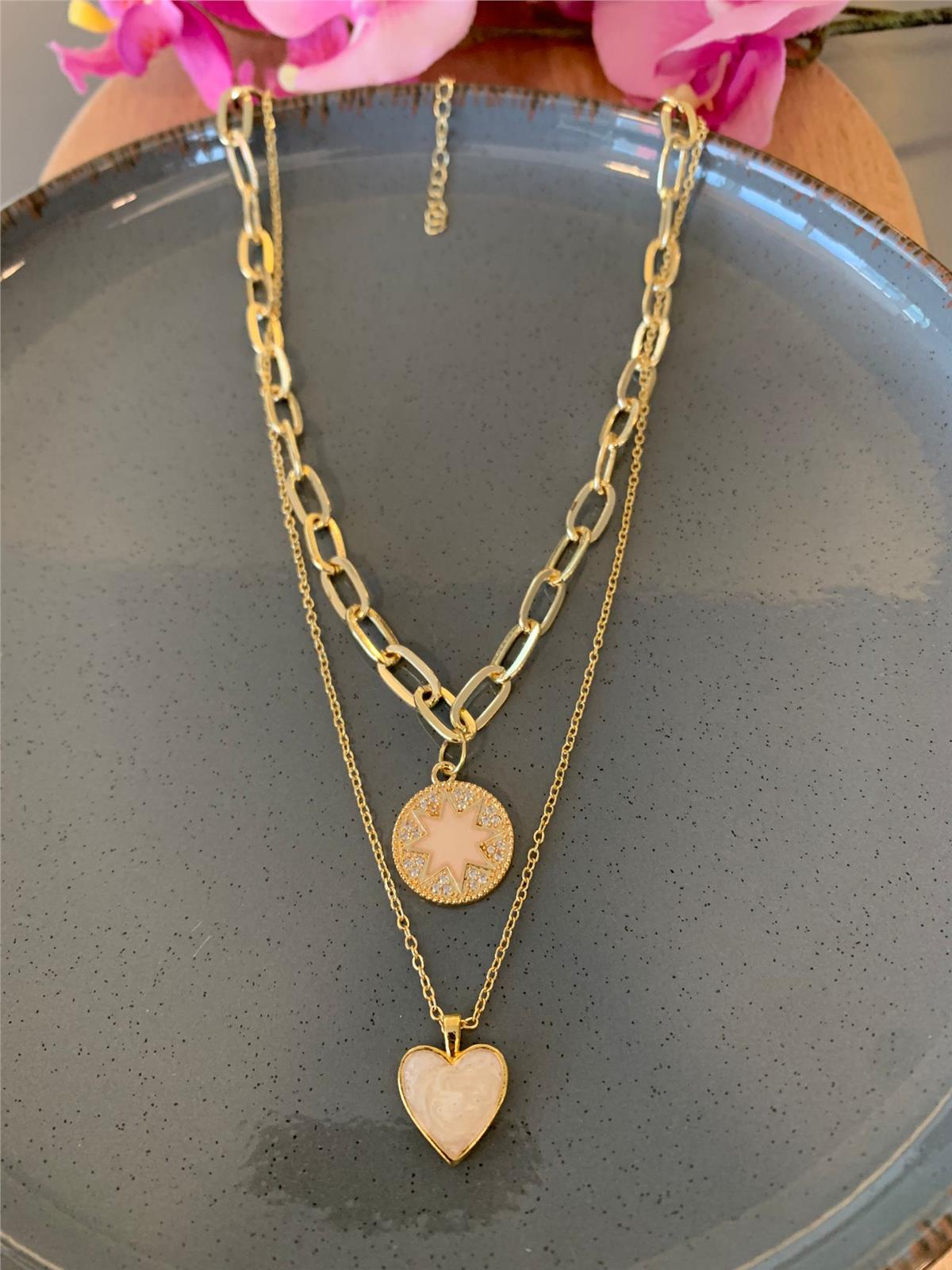 Krem Yıldız ve Kalp Figürlü Ataç Zincirli 2 li Kolye