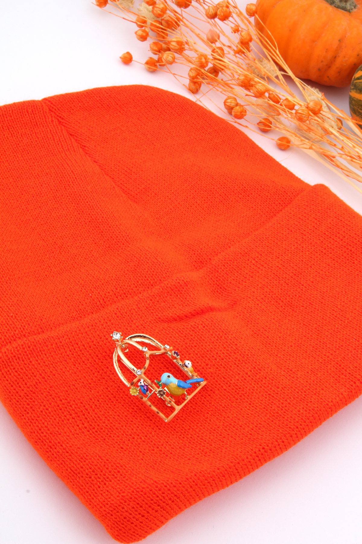 Kuş Broş Turuncu Düz Bere Seti