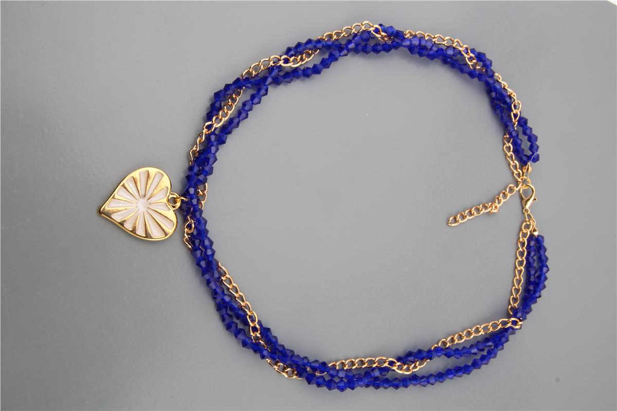 Lacivert Kristal ve Zincir Dolamalı Kalpli Tasarım Kolye