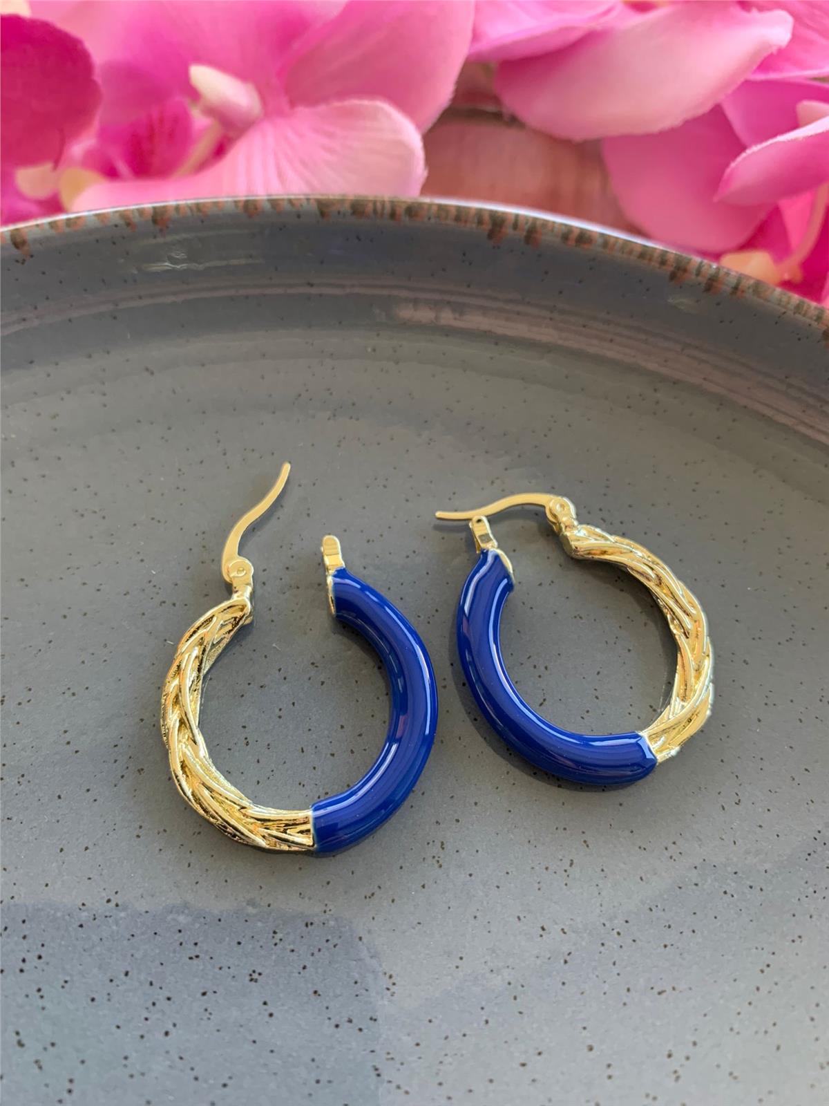 Lacivert Mineli Örgülü Halka Küpe