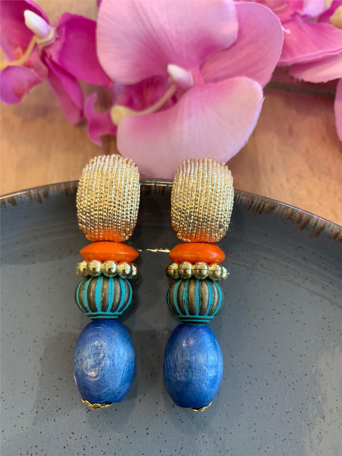 Lacivert Yeşil Turuncu Ahşap Boncuklu Tasarım Küpe