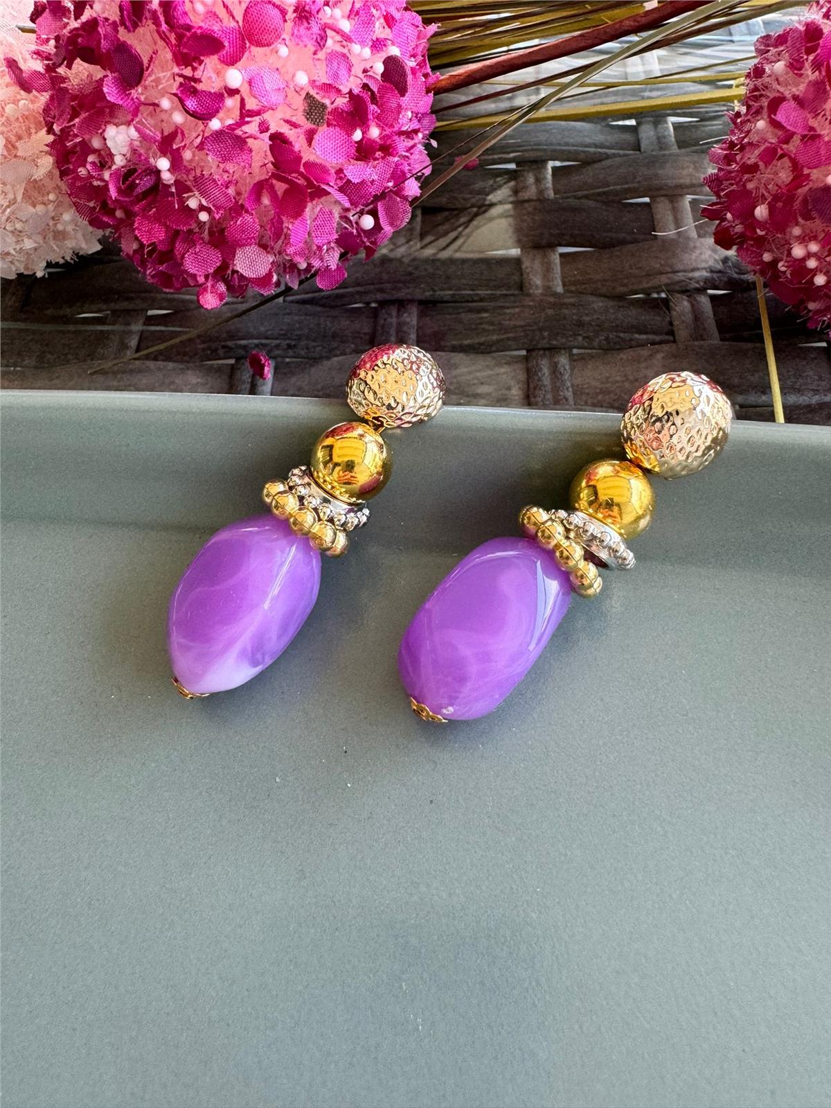 Lila Gold Boncuklu Tasarım Küpe