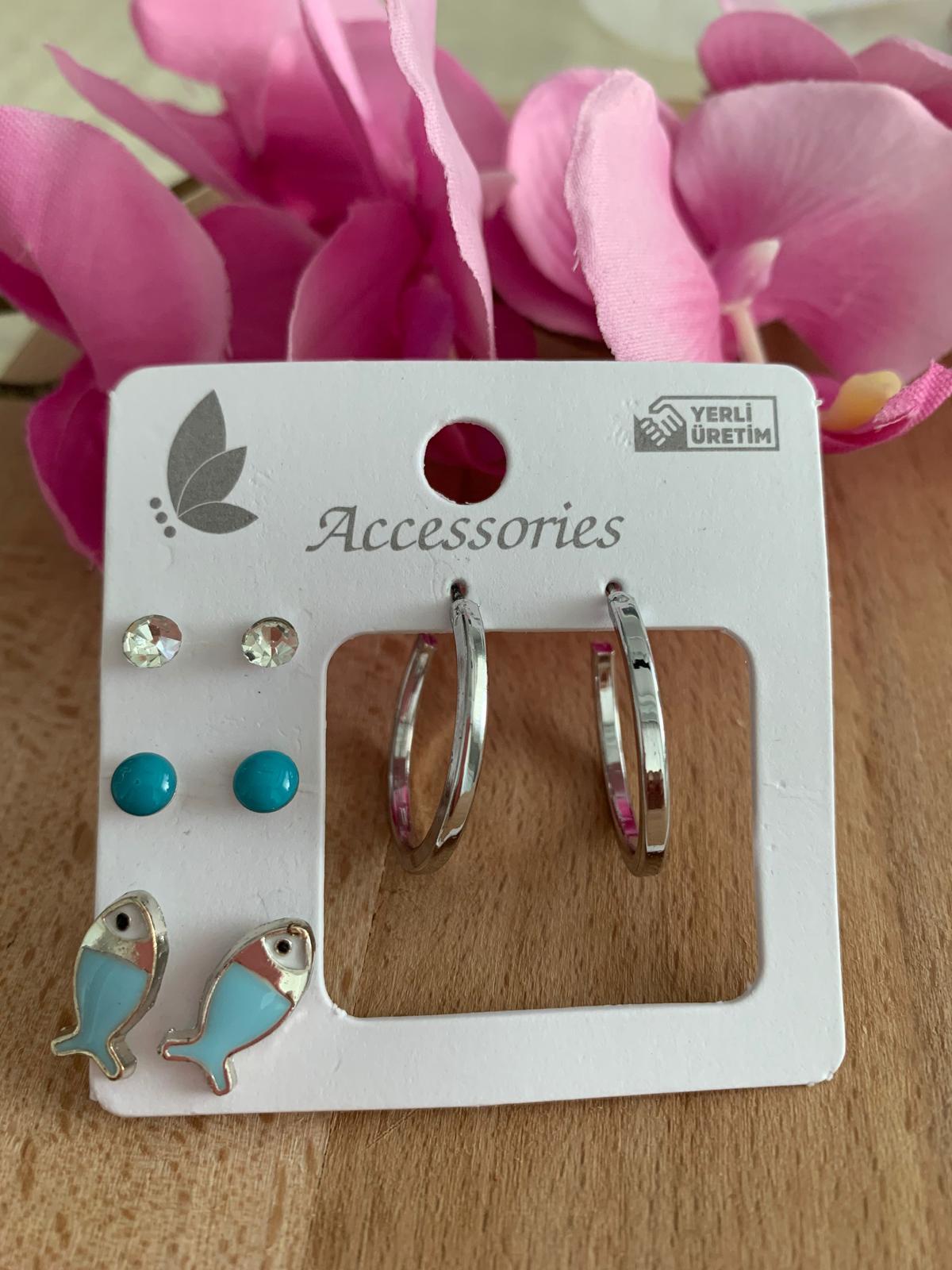 Mavi Balıklı 8 Li Küpe Seti