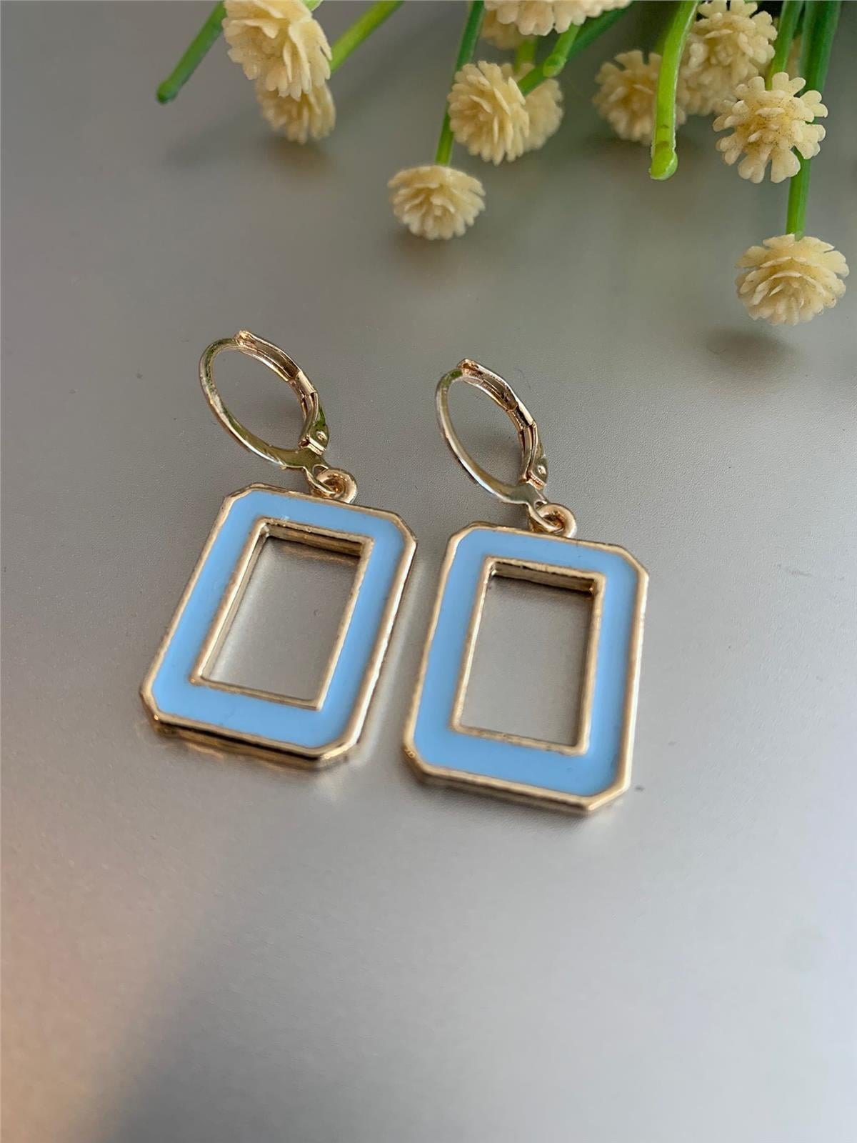 Mavi Dikdörtgen Halkalı Küpe