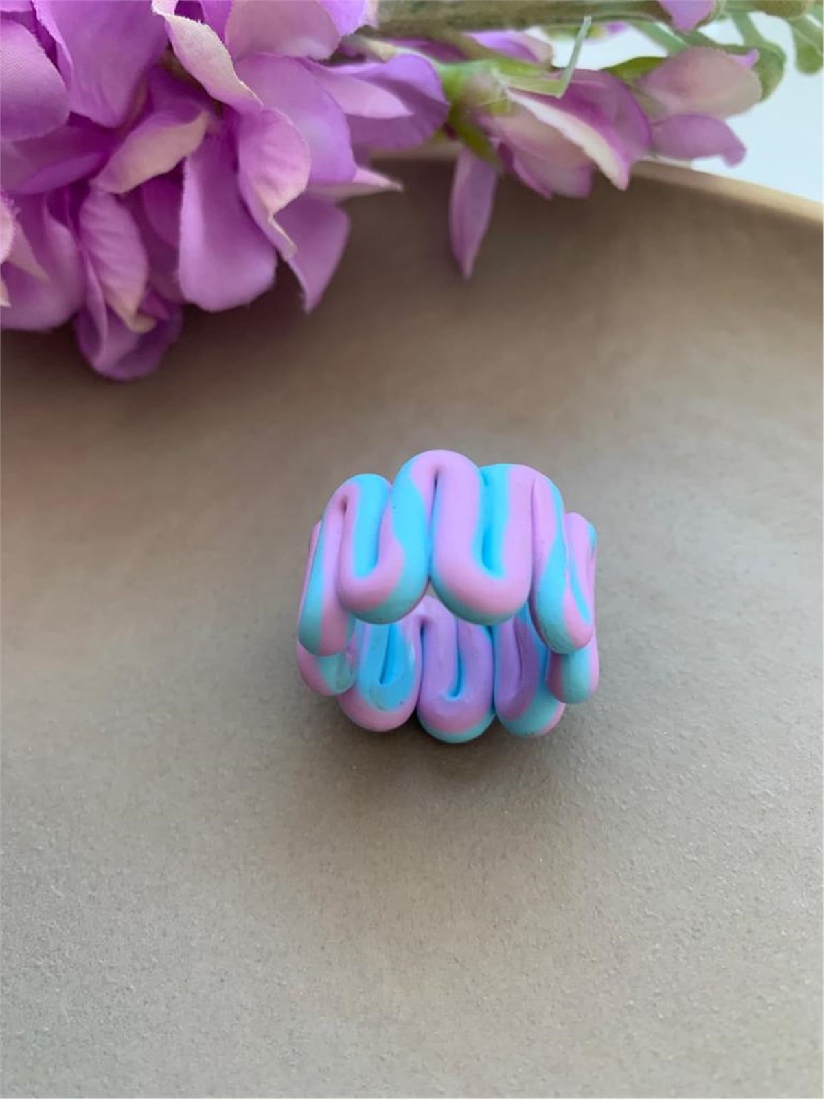 Mavi Pembe Fimo El Yapımı Kalın Yüzük