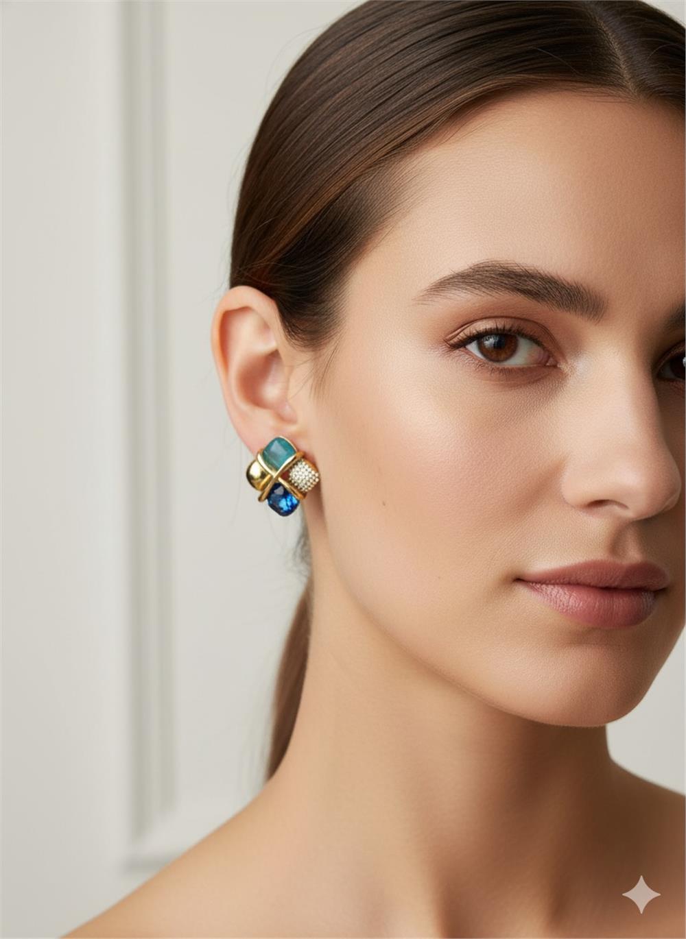 Mavi Taşlı Çelik Kare Küpe