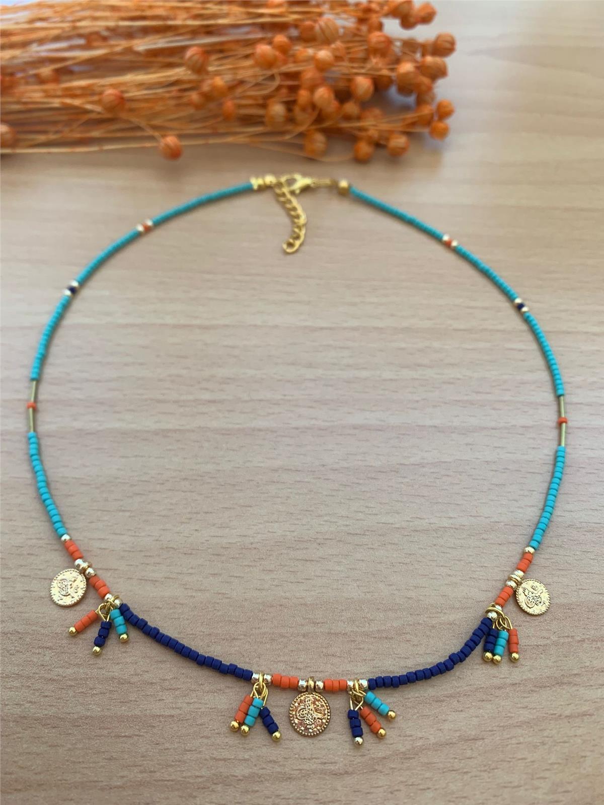 Mavi Turuncu Para Figürlü Kolye