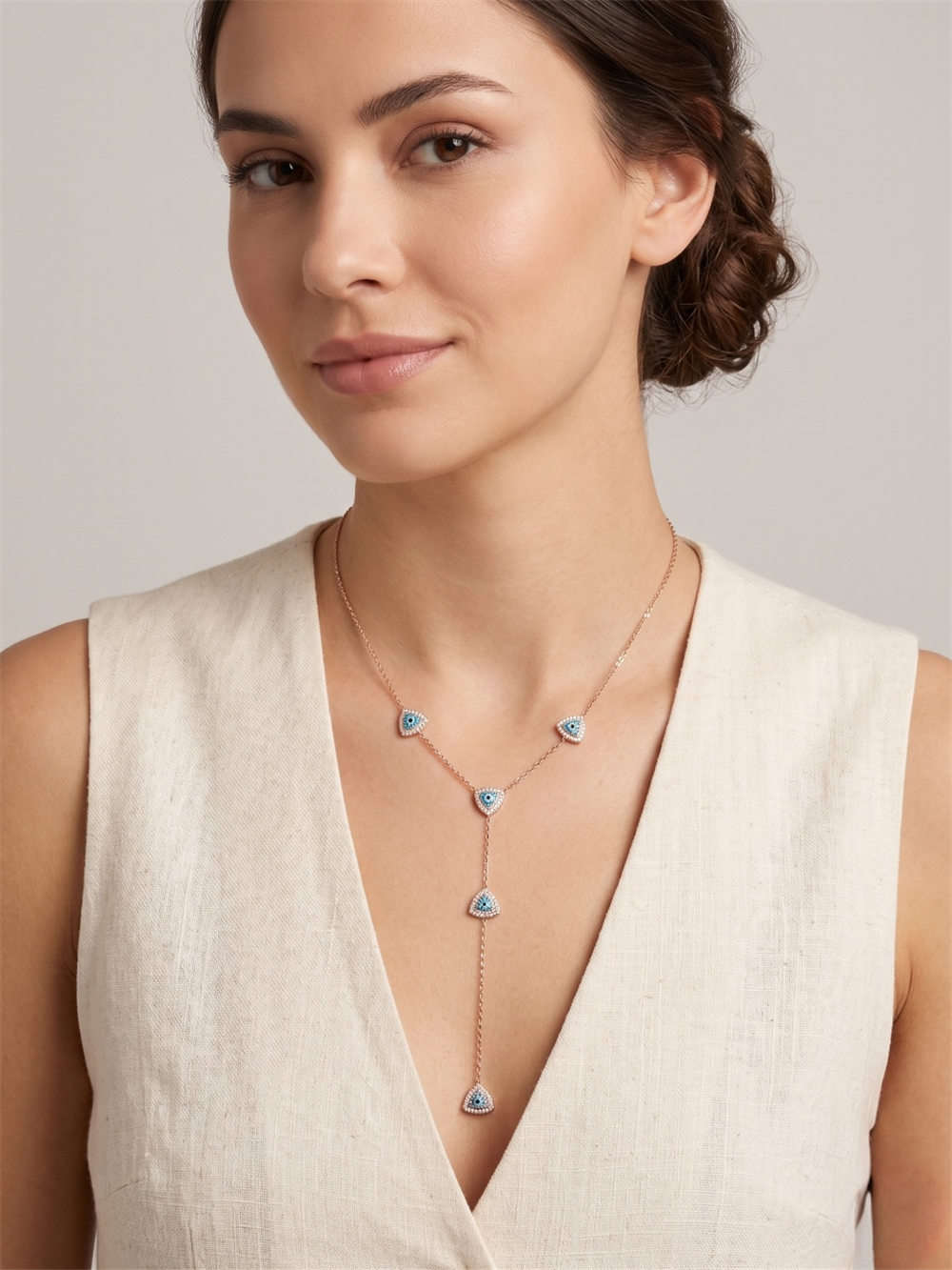 Mavi Üçgen Taşlı Rose Gold Rengi Y Kolye