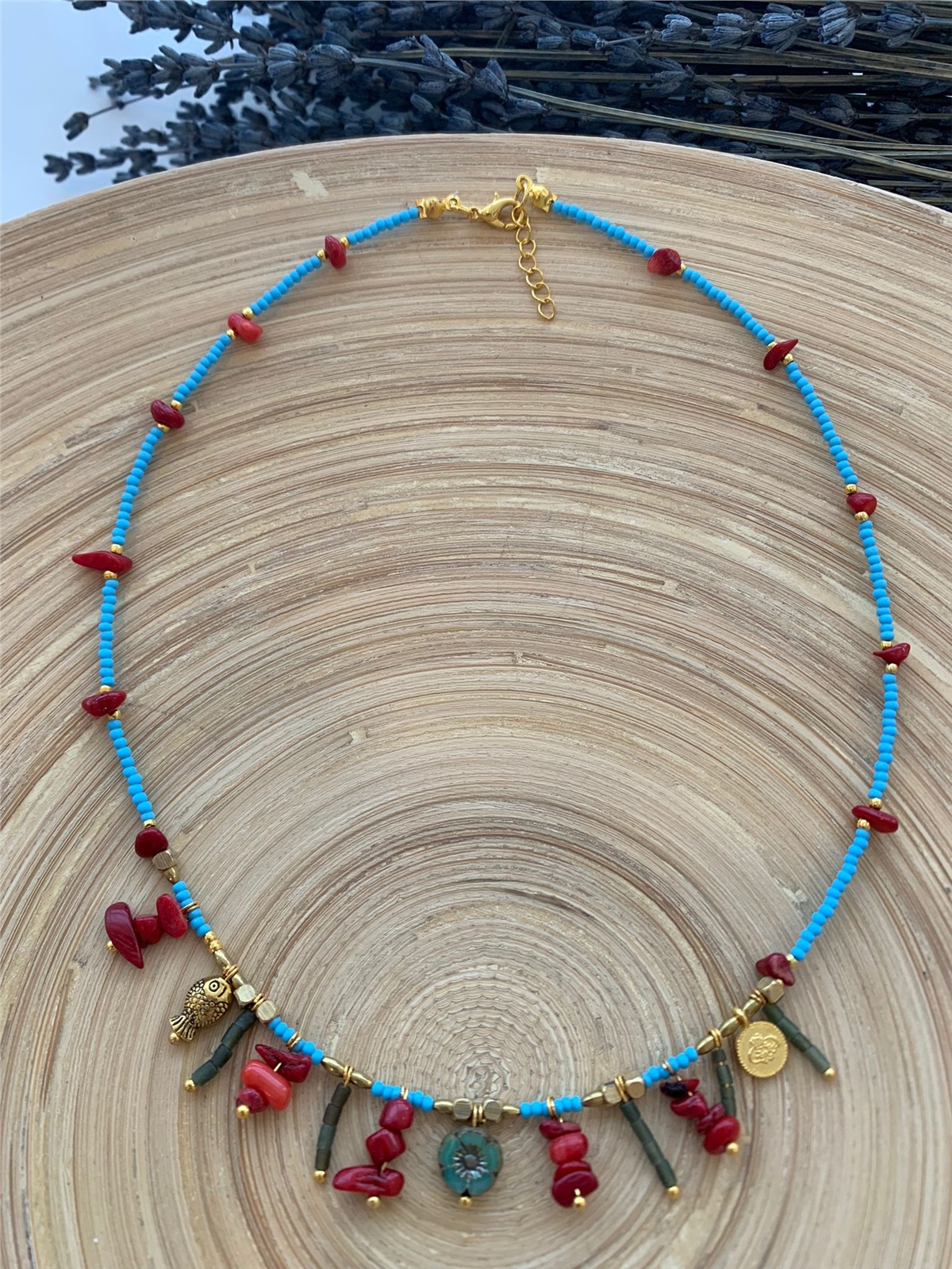 Mavi Yeşil Kırmızı Boncuklu Etnik Tasarım Kolye