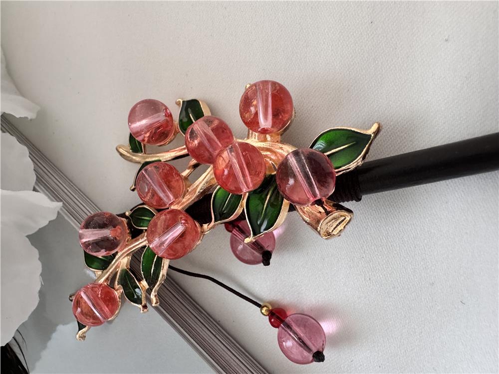 Mercan Pembe Top Boncuklu Japon Topuz Çubuk Toka