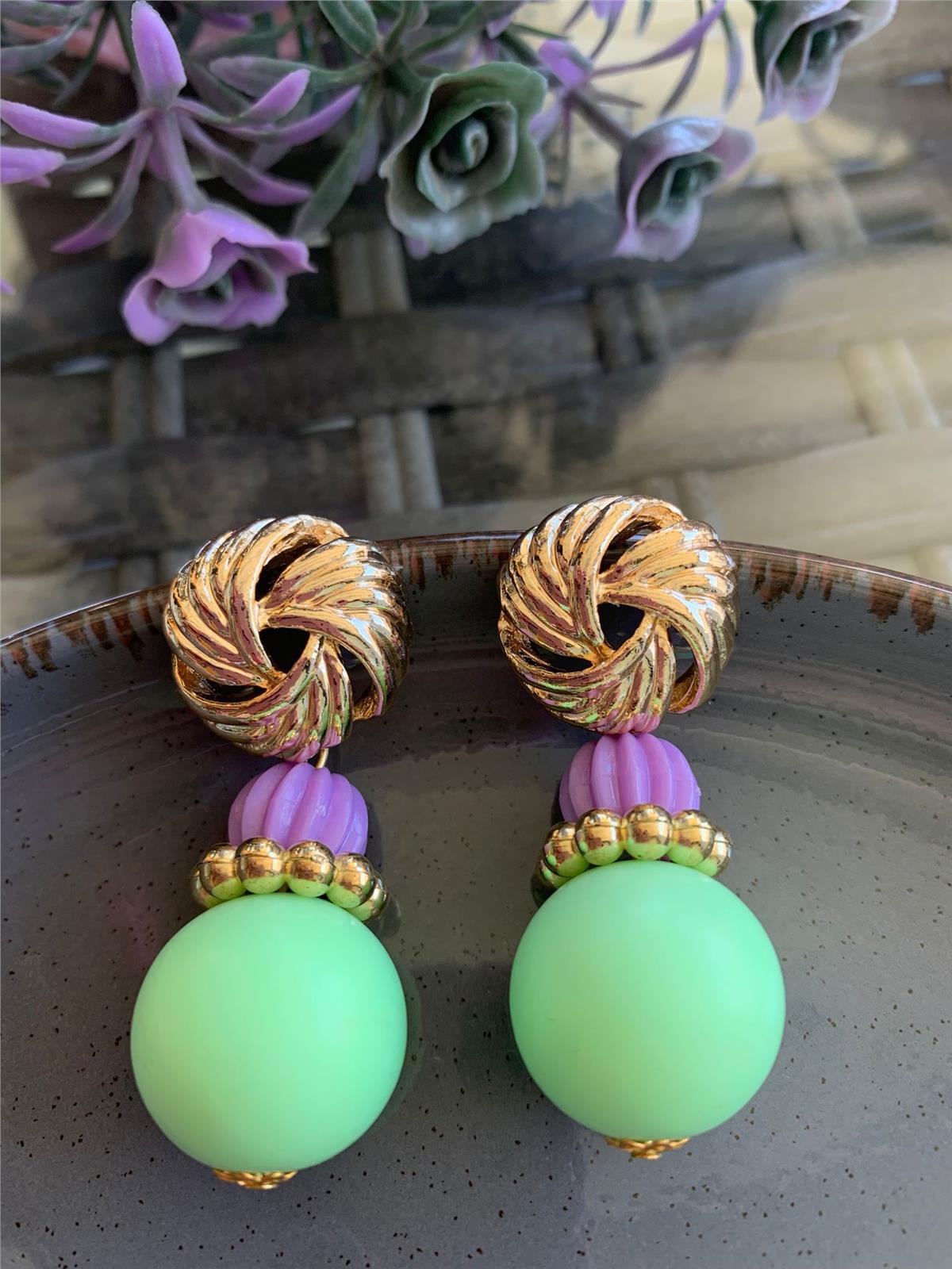 Mint Yeşil Mor Top Boncuklu Tasarım Küpe