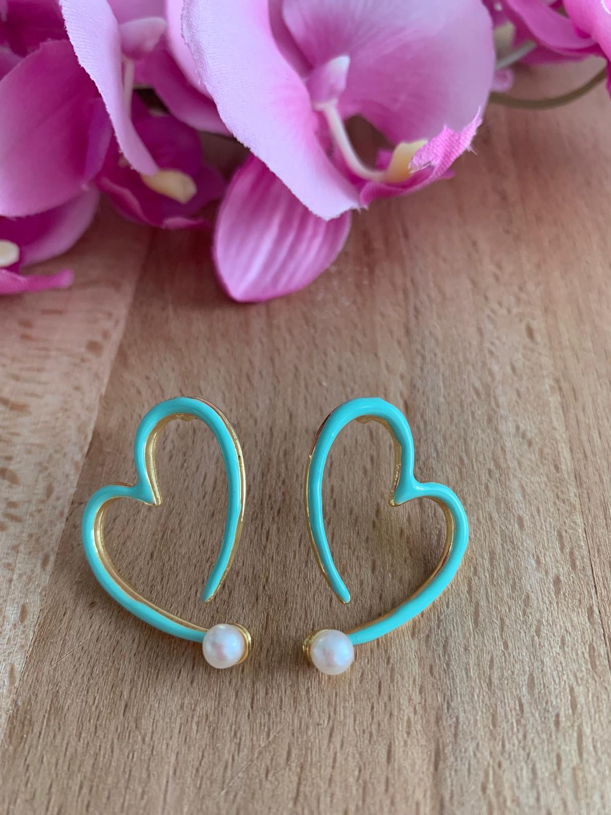 Mint Yeşili İncili Kalp Küpe