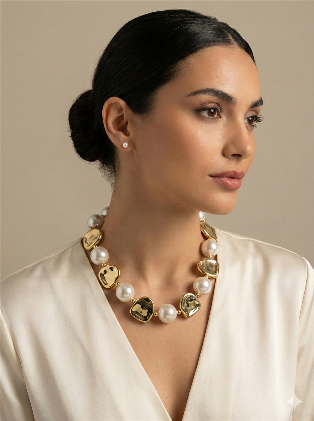 Modern Tasarım İri İncili ve Gold Plaka Boncuklu Kolye Küpe Set