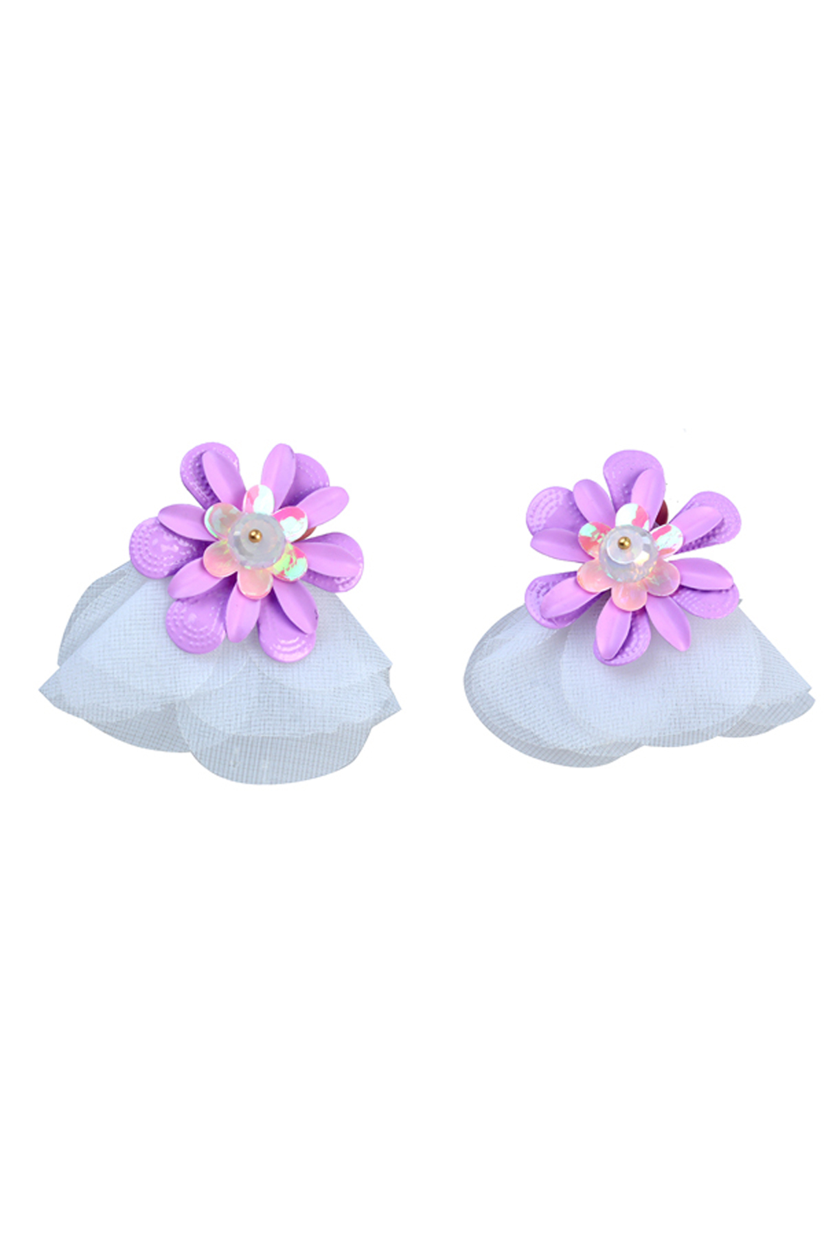 Mor Çiçekli Beyaz Tüllü Küpe