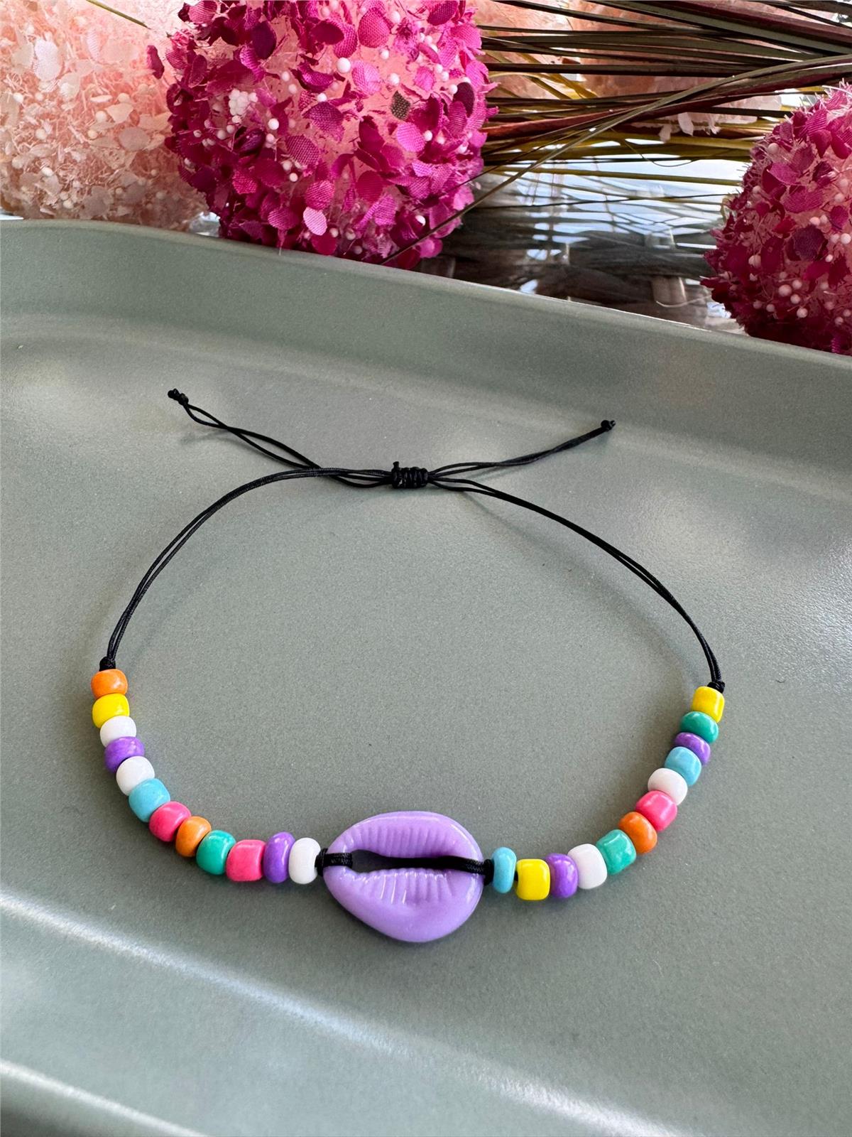 Mor Deniz Kabuklu Boncuklu Halhal