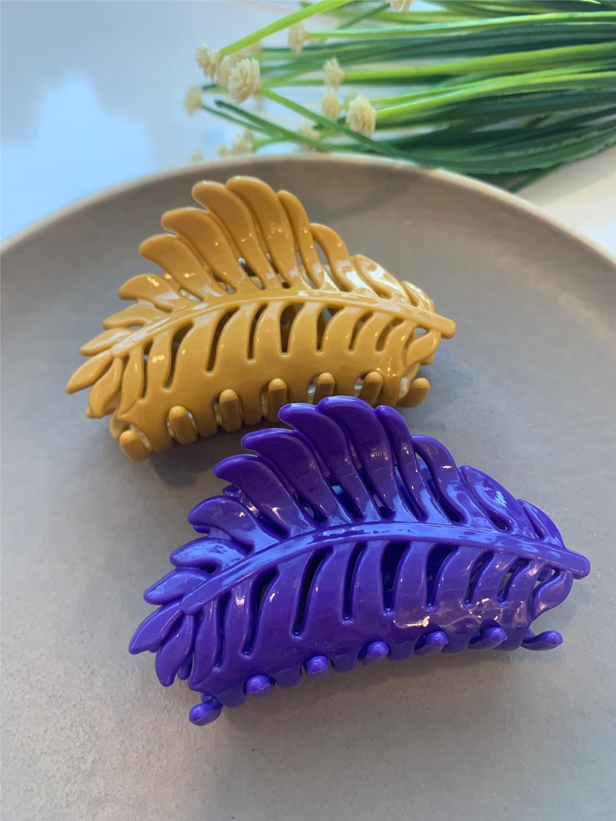 Mor Sarı Yaprak İkili Toka Seti