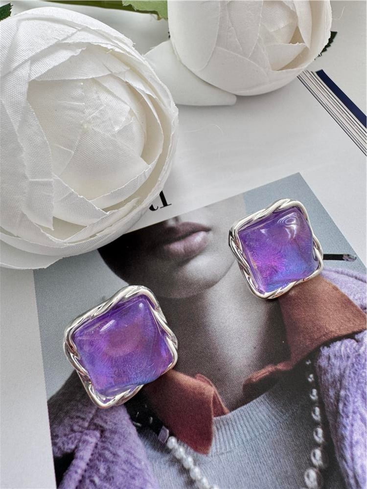 Mor Simli Kare Taşlı Silver Küpe