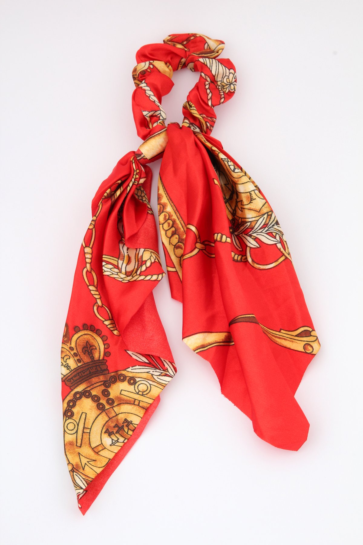 Nar Çiçeği Zincir Desenli Scrunchie Fular Toka
