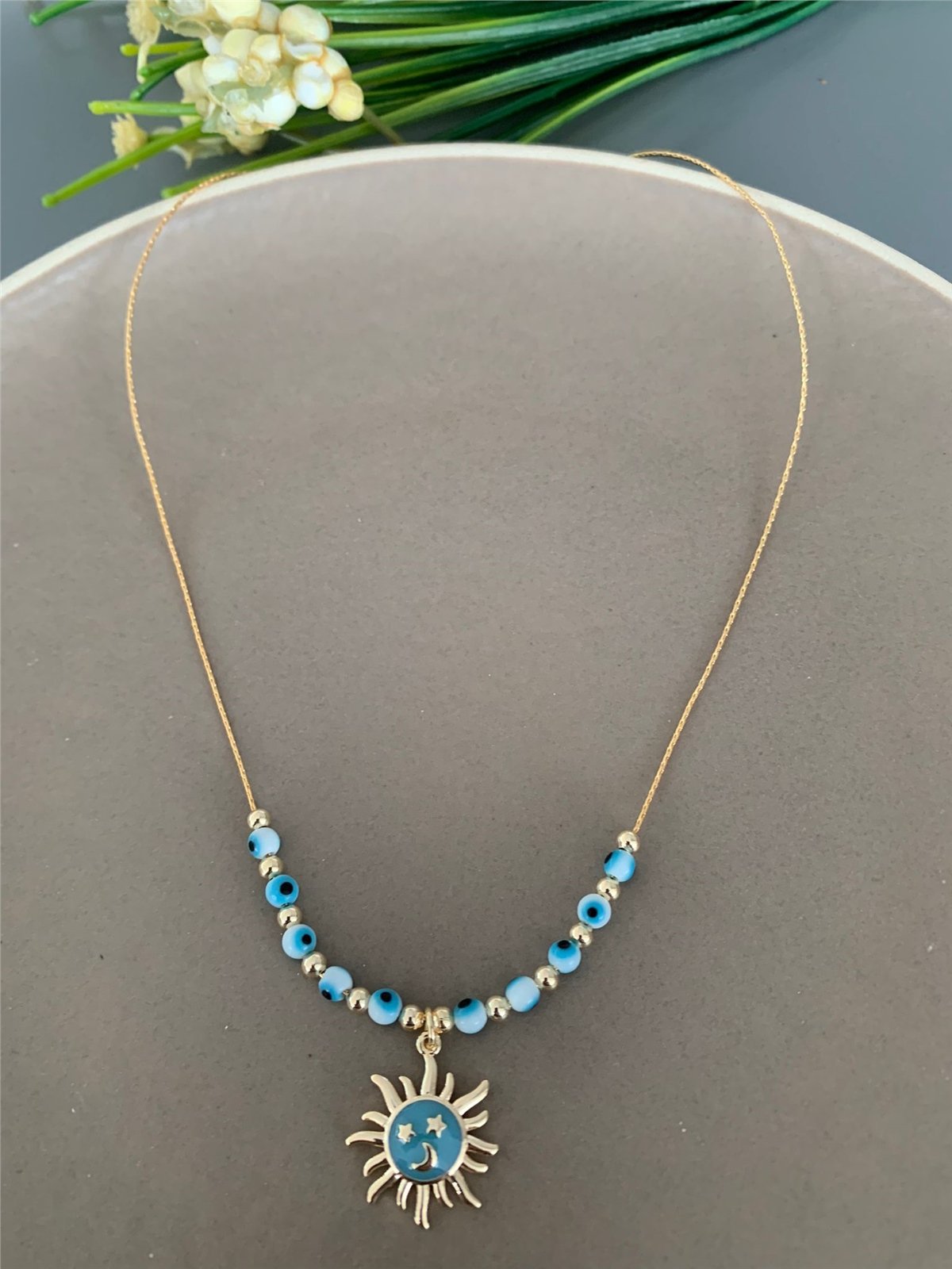 Nazar Boncuklu Ay Yıldız Güneş Figürlü Kolye