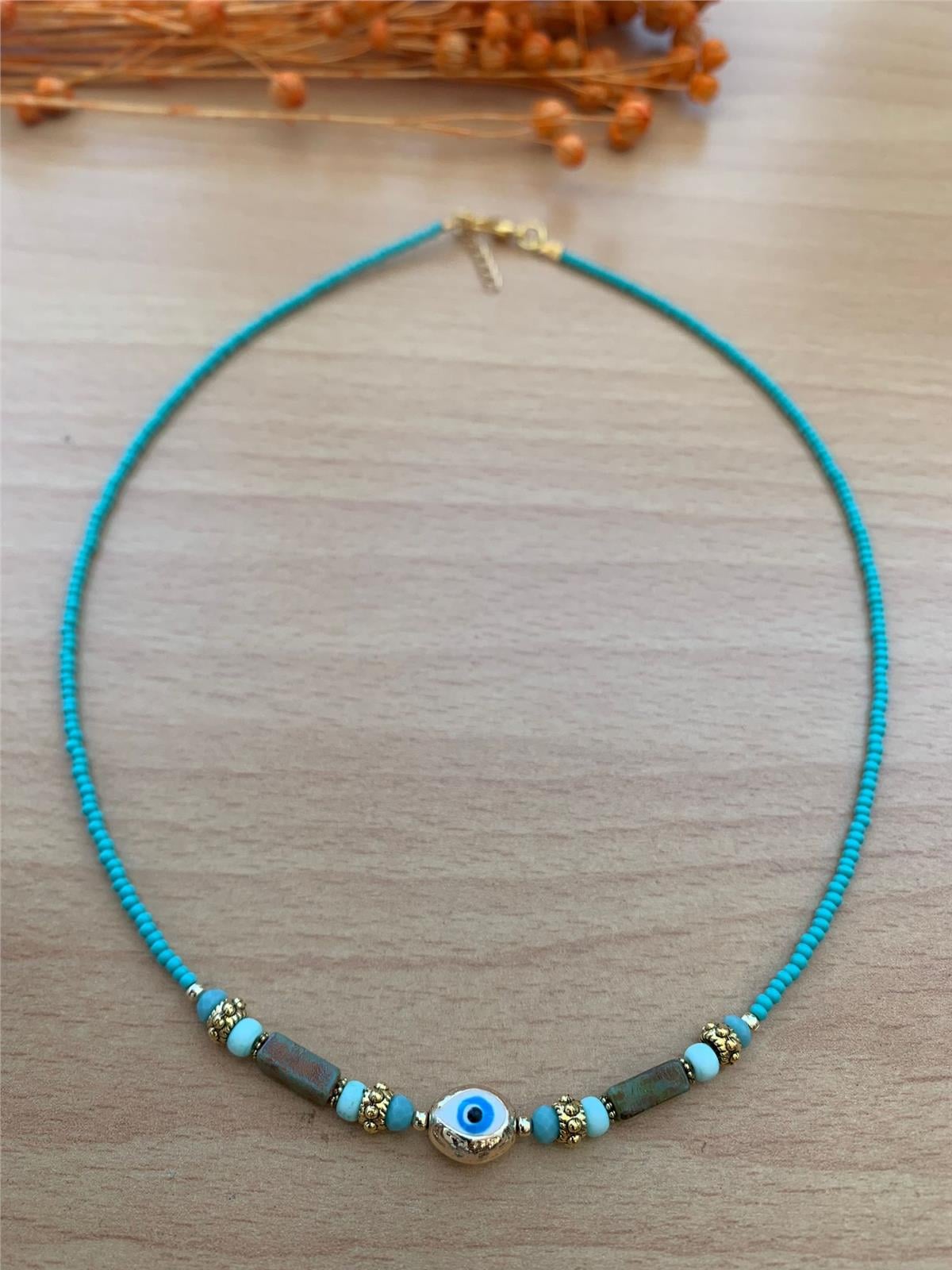 Nazar Boncuklu Doğaltaşlı Mavi Kolye