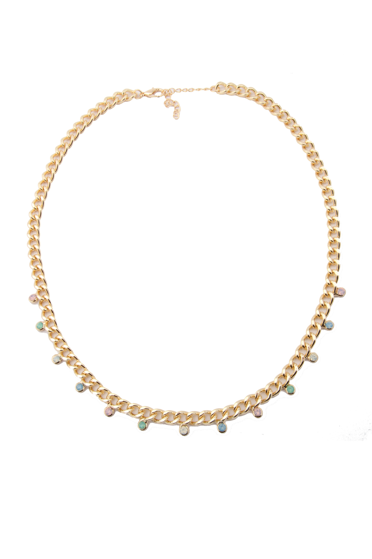 Pastel Kristal Taşlı Gold Kalın Zincir Kolye