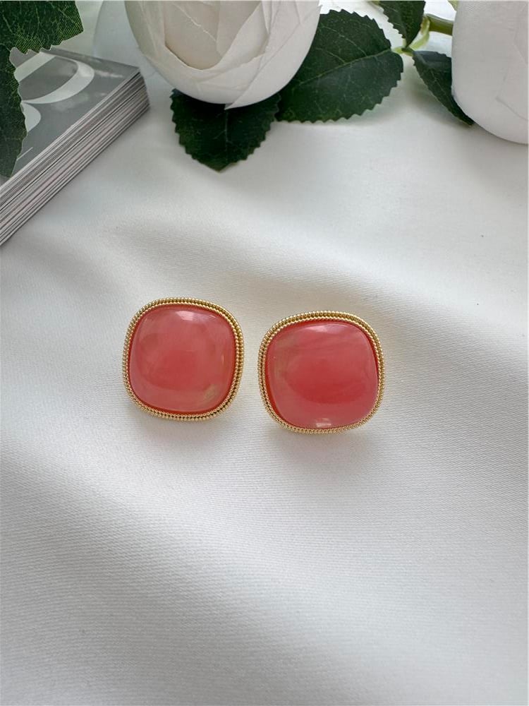 Pembe Alacalı Taşlı Kare Küpe