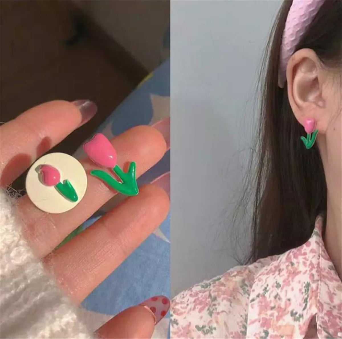 Pembe Asimetrik Çiçek Küpe