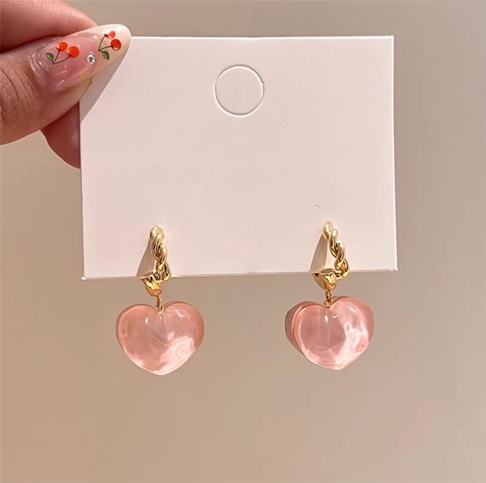 Pembe Bombeli Taşlı Kalp Burgulu Halka Küpe