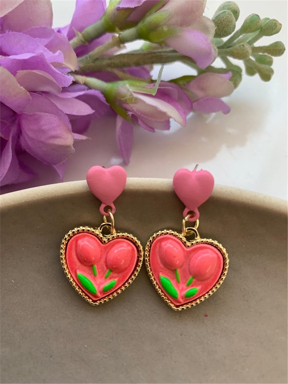Pembe Çiçekli Kalp Küpe