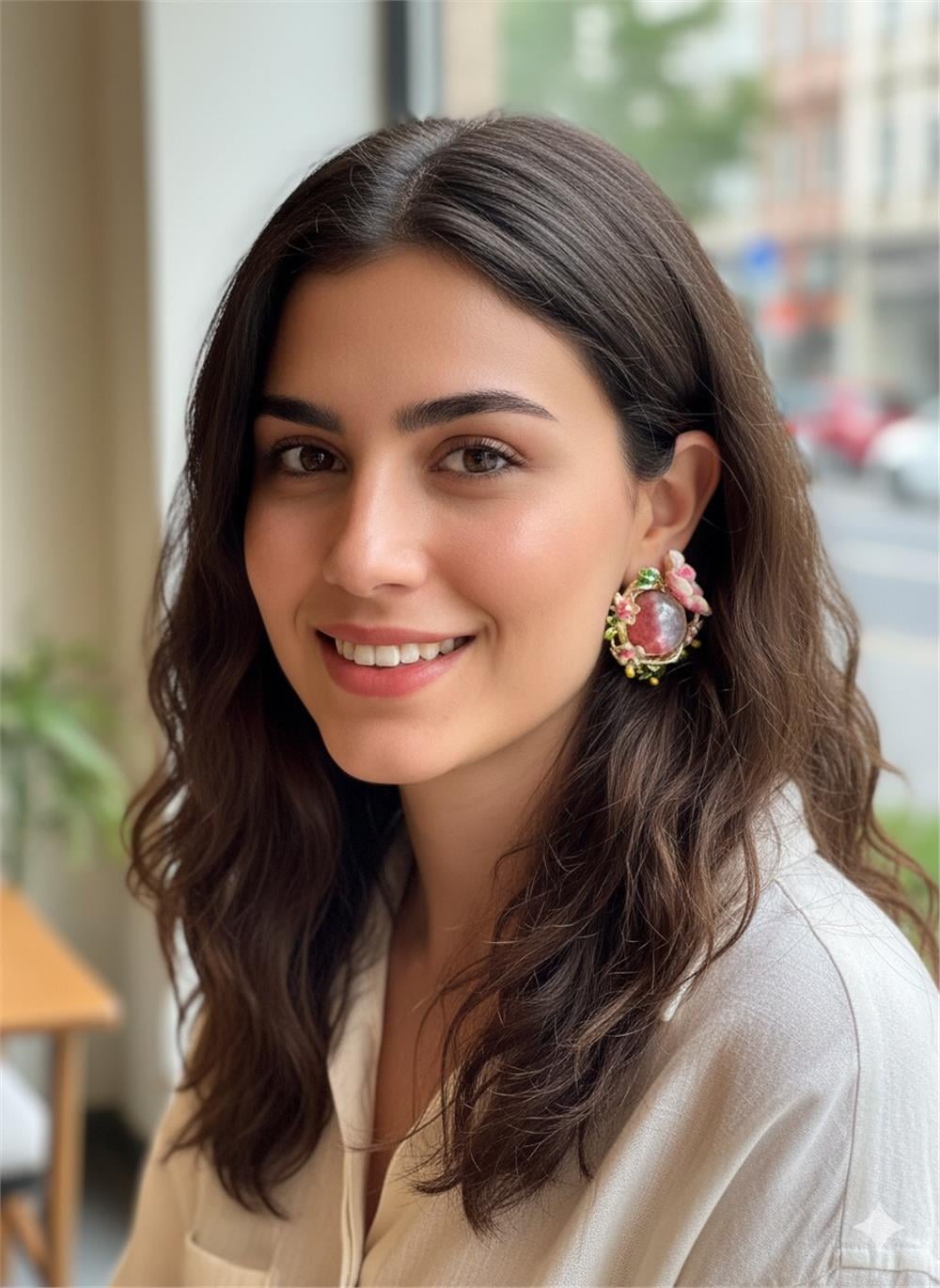 Pembe Çiçekli Sedef Taşlı Küpe