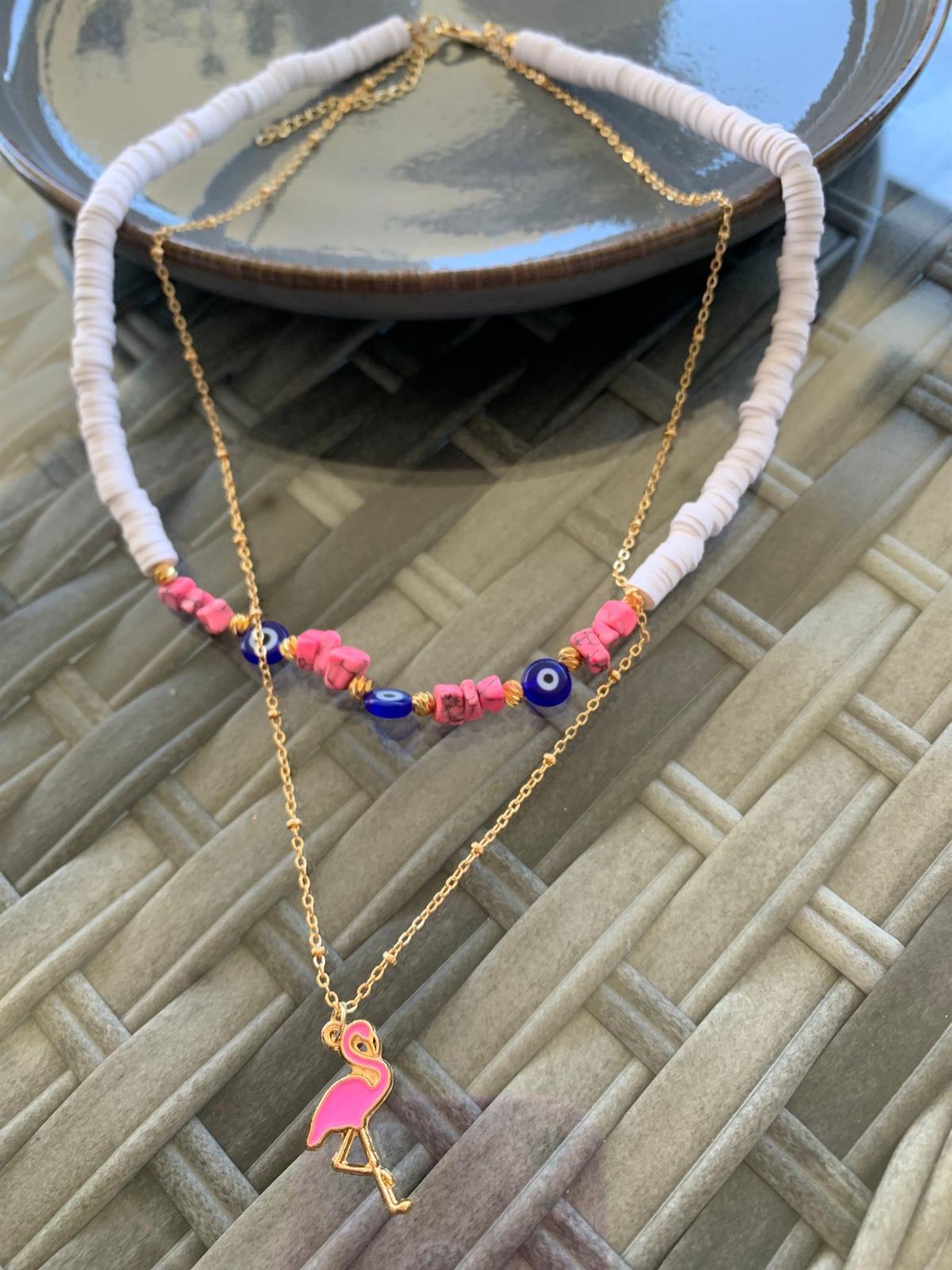 Pembe Doğal Taşlı Flamingo Fimo 2 Katlı Kolye